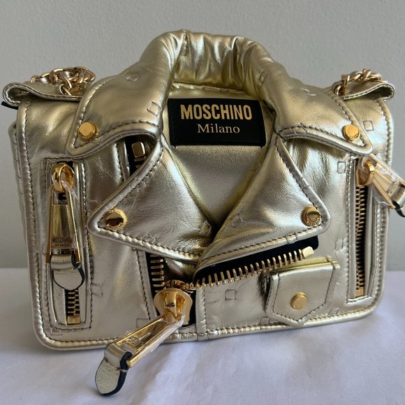 SS21 Moschino Couture Jeremy Scott Gold Biker Jacket Shoulder Bag Gold Handbag - Picture 1 of 16